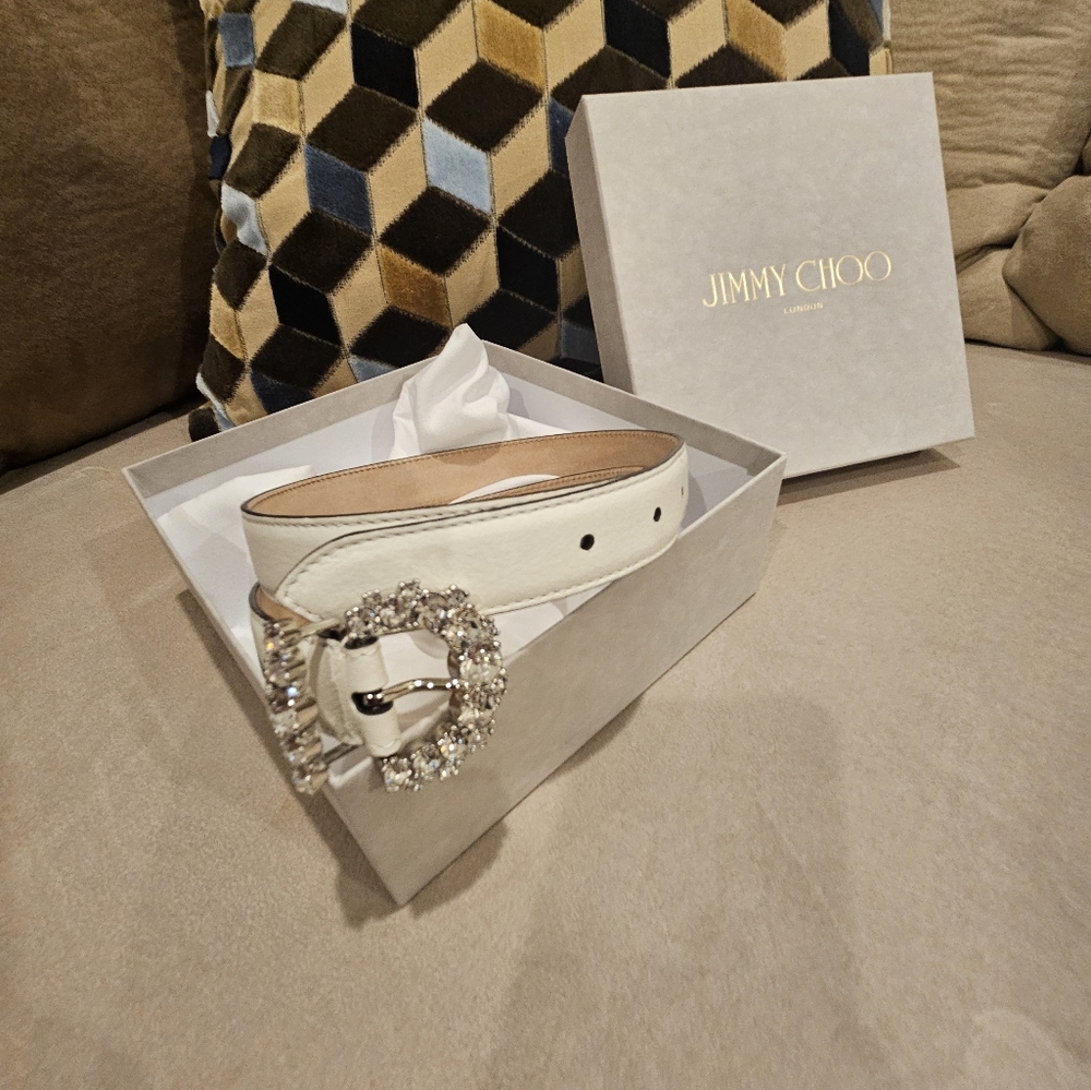 Jimmy Choo White Cheri Belt with Crystal Buckle 80